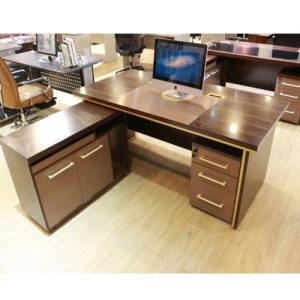 Gold And Brown Executive Table With Silver Edge Band And Leather Inlay (BG261)