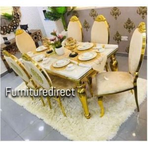 Marble Goldine White 2 Dining Furniture + 6 Dinning Chairs